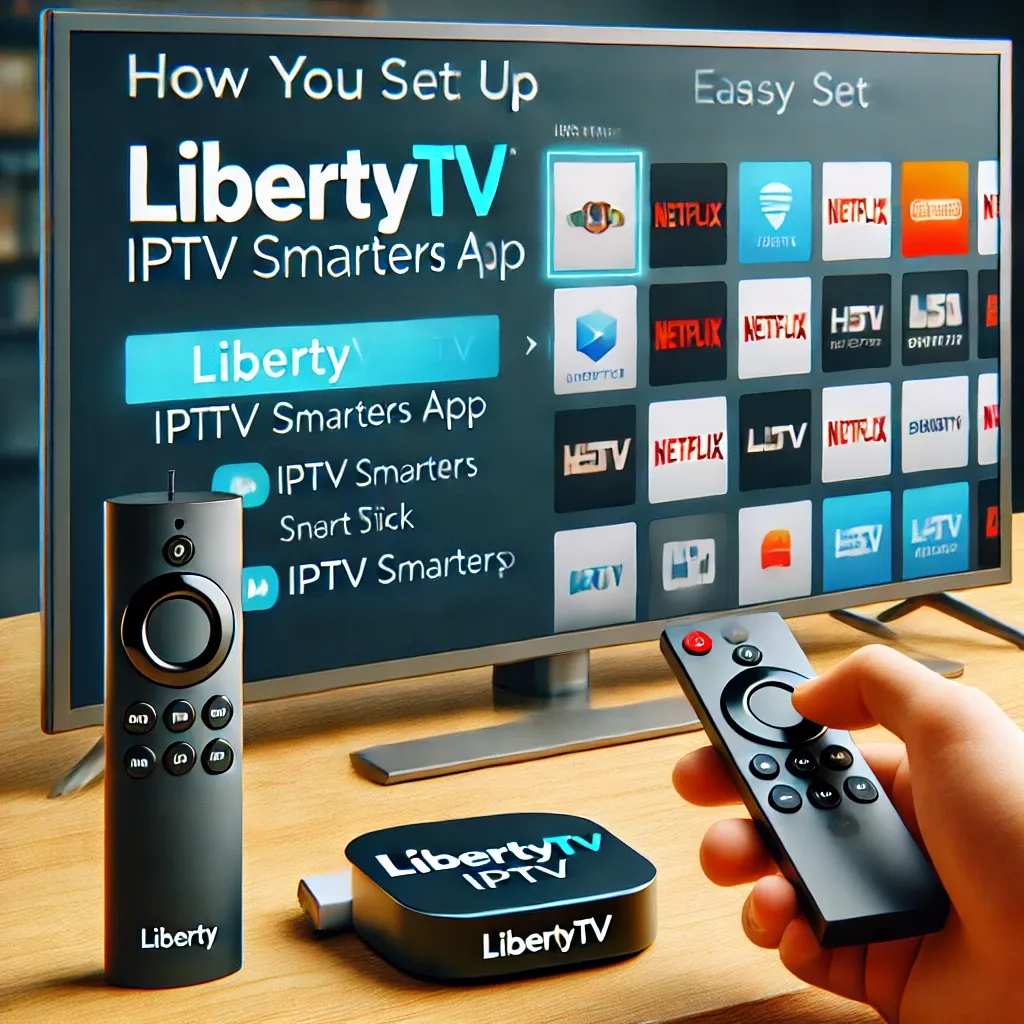 A user is setting up LibertyTV IPTV on a Firestick, following an installation tutorial. The image emphasizes how LibertyTV is a secure and legal way to watch WWE compared to cracked streams WWE.

