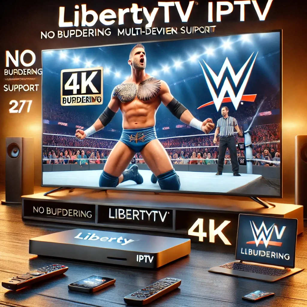 A promotional banner showcasing LibertyTV IPTV as the best way to watch WWE in 4K, without the risks of cracked streams WWE. The image highlights features like no buffering, multi-device support, and 24/7 customer service.

