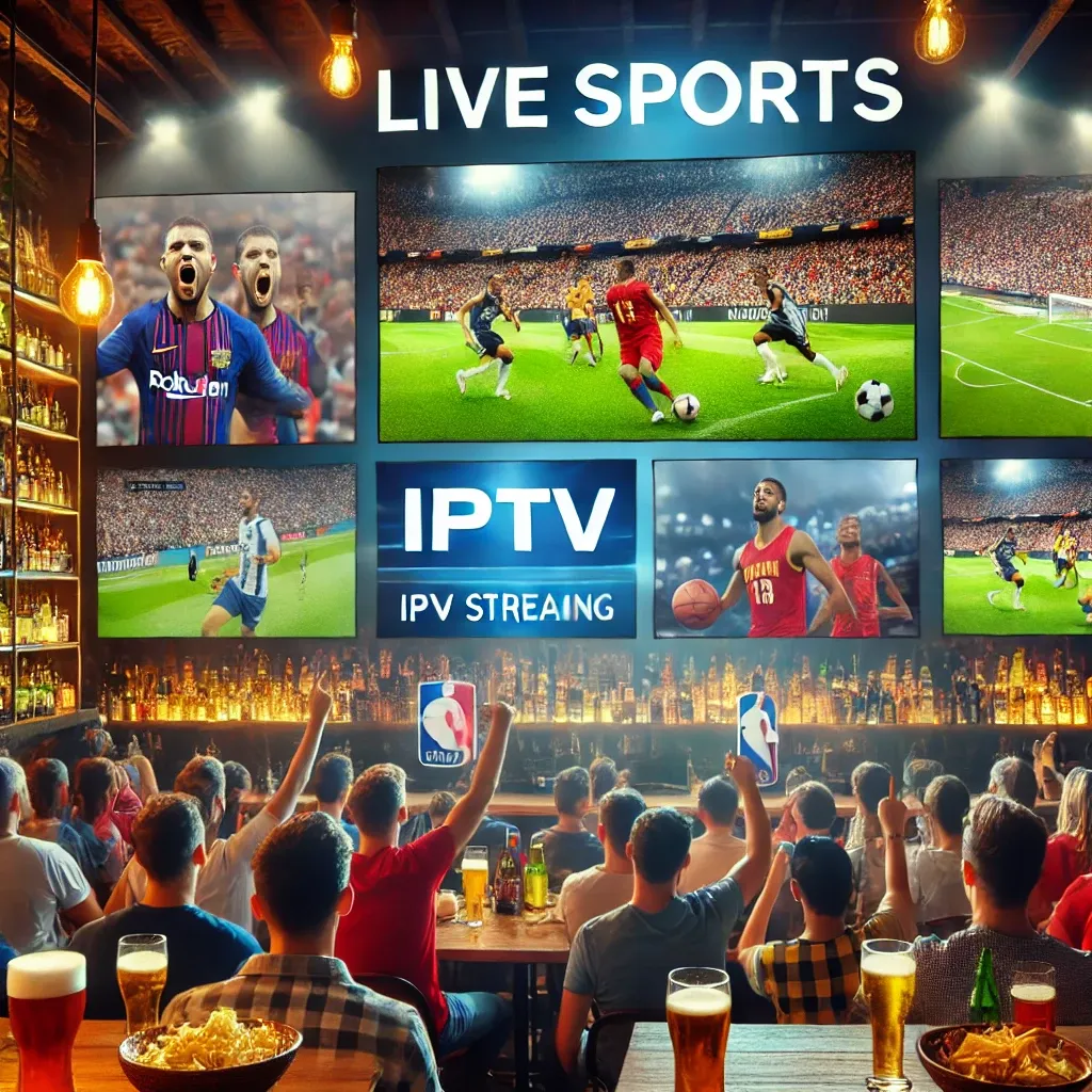 Modern living room with a Smart TV streaming a live football match via an IPTV provider with sports channels.