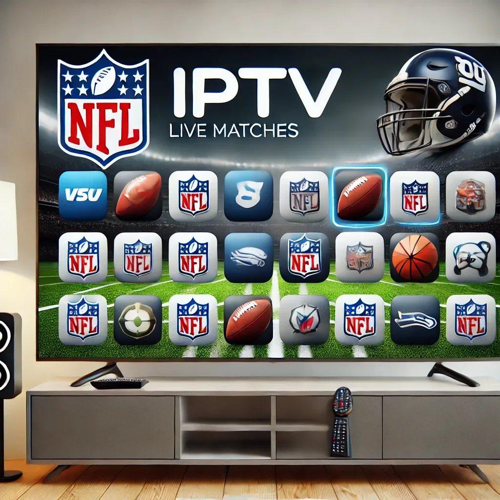 IPTV service interface to watch NFL online with live matches and team access.
