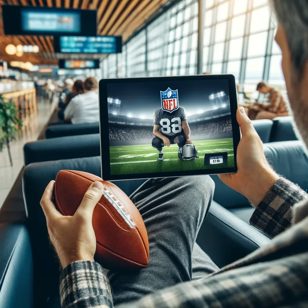 Football fan watching NFL online while traveling using IPTV on a tablet.