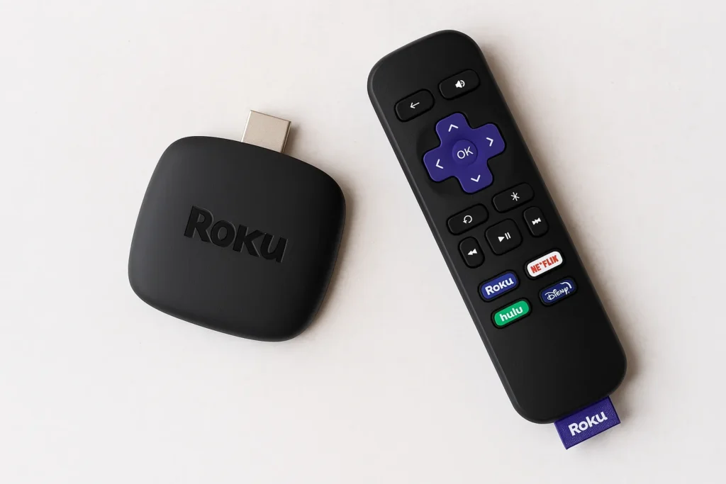 roku streaming device with remote featuring labeled shortcut buttons and compact design on a neutral background.