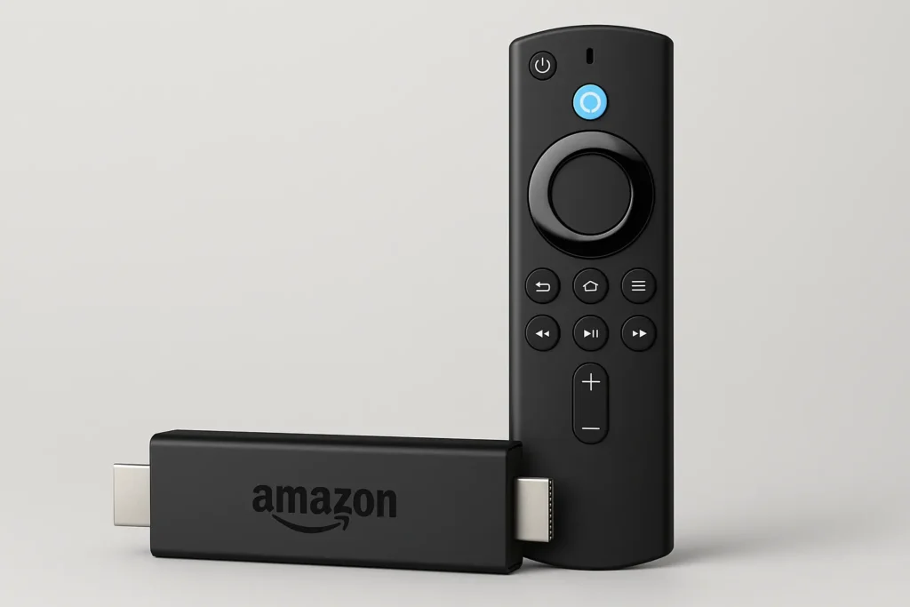 amazon firestick device with alexa voice remote on a light background showing buttons and HDMI connector.




