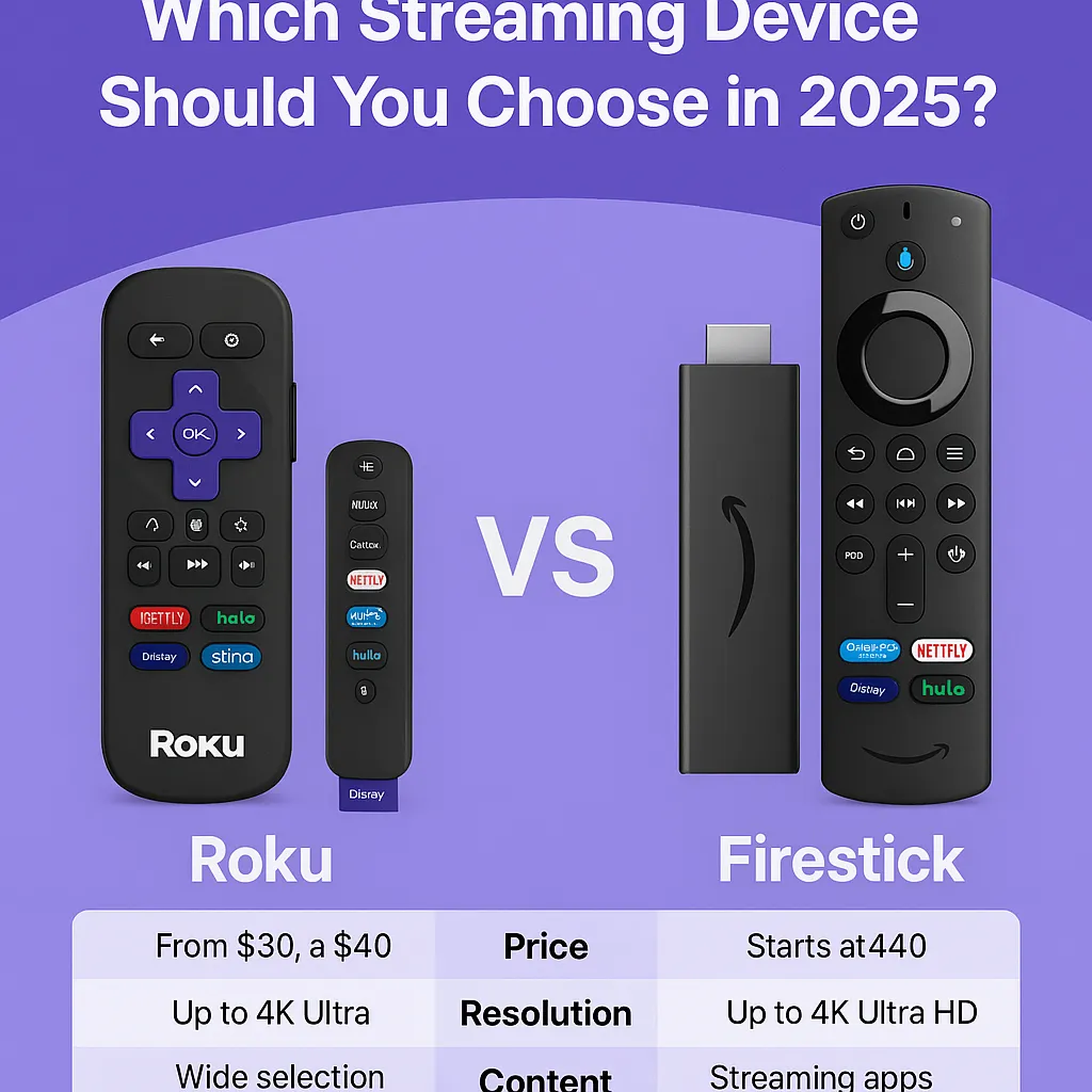 roku vs firestick side-by-side comparison in 2025 showing features like 4K streaming, voice control, and IPTV compatibility.